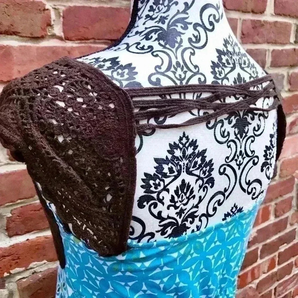 ENERGIE Crochet Rayon Babydoll Boho Hippie Cap Sleeve Flower Fit Flare Top SizeM - Picture 7 of 8